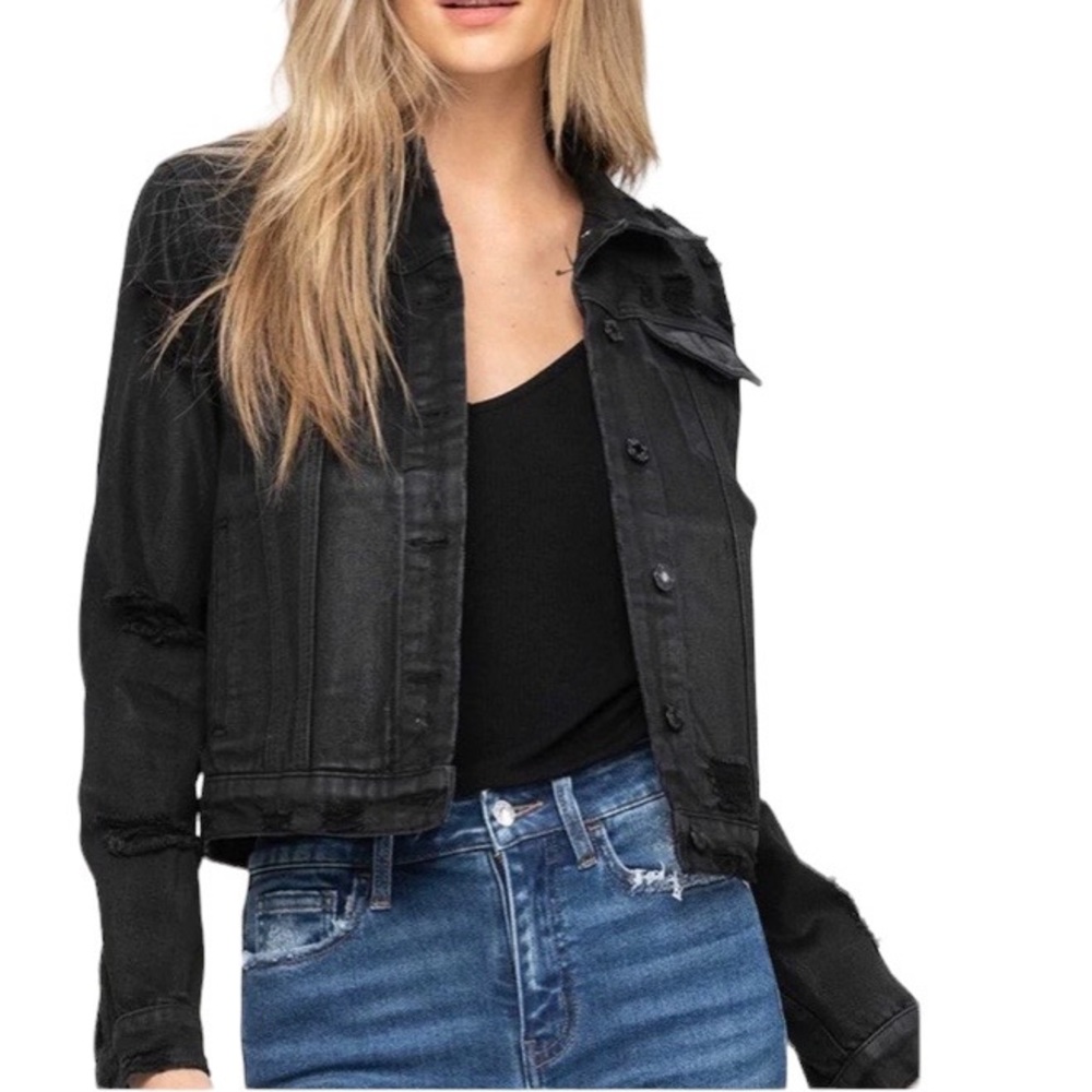 Vervet Black Cropped Distressed Denim Jacket